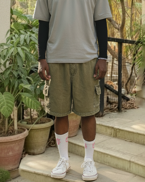 Unisex Acid Wash Shorts - Olive