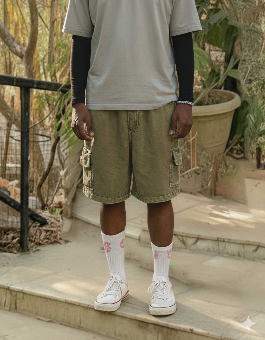 Unisex Acid Wash Shorts - Olive