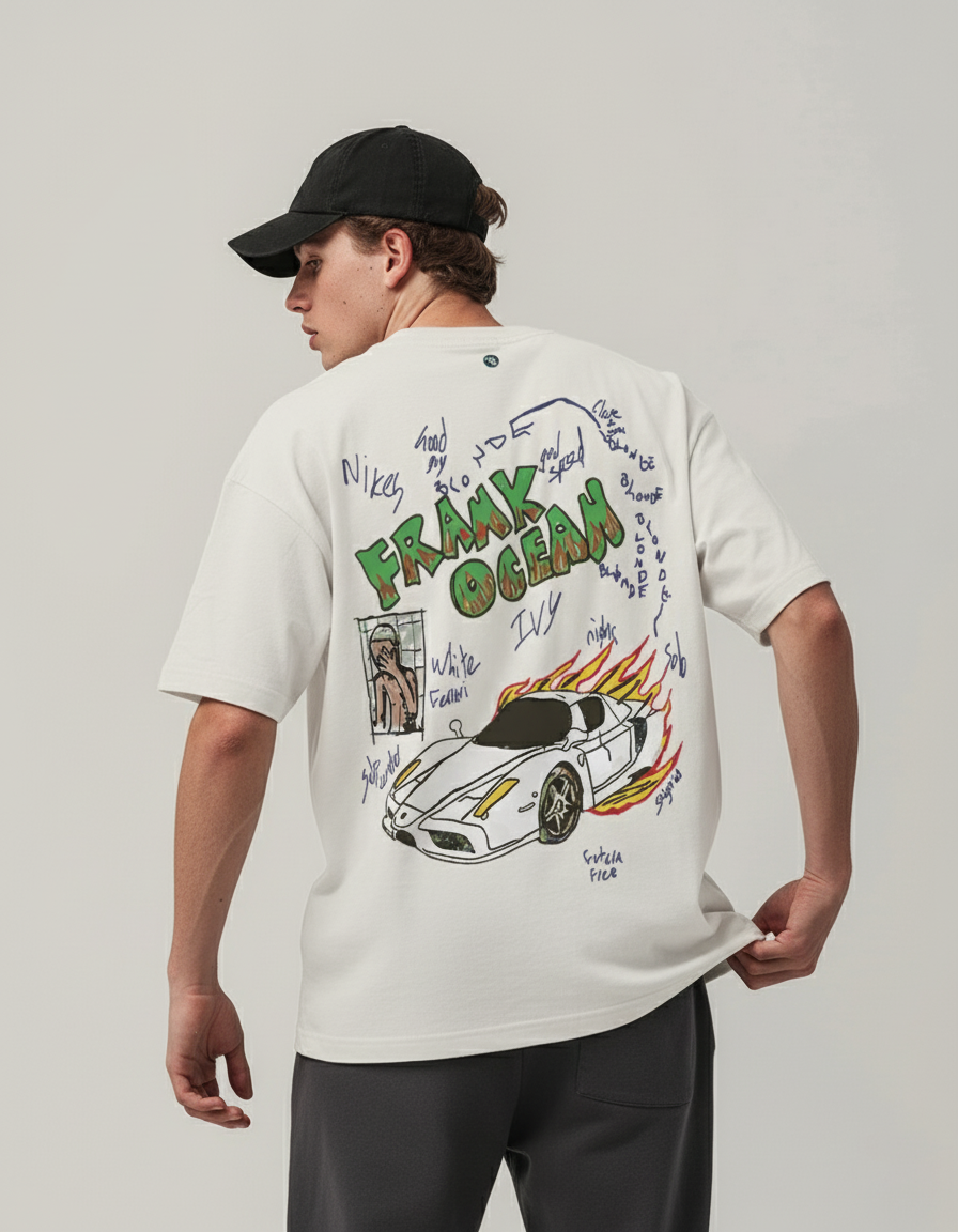 Person wearing a white t-shirt with 'Frank Ocean' graphic design on the back.