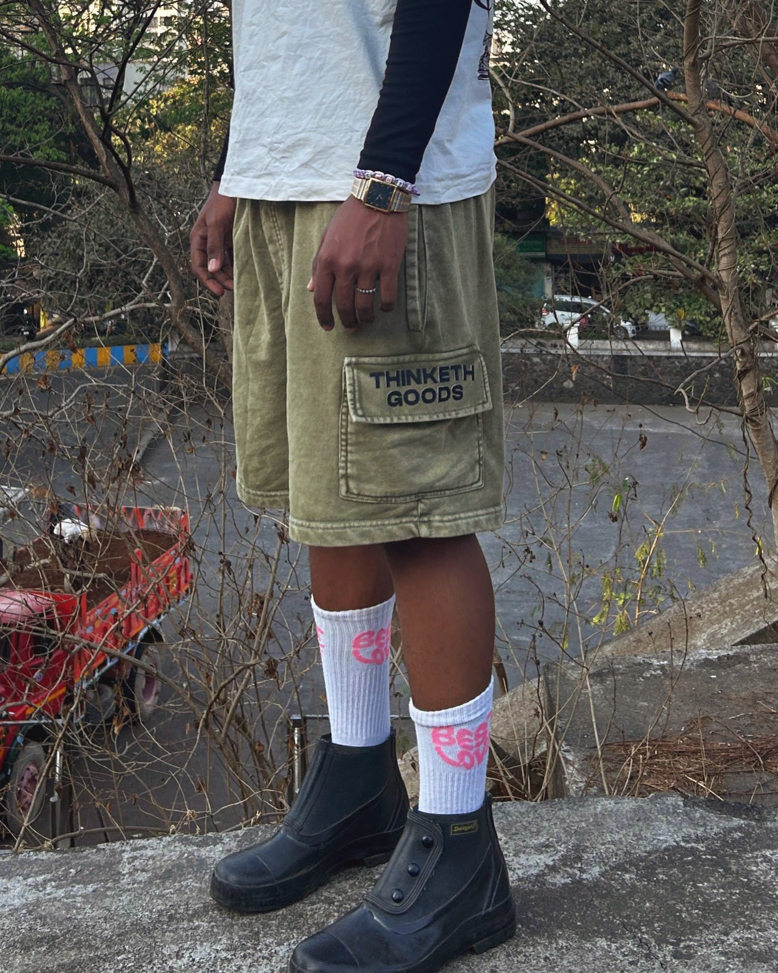 Unisex Acid Wash Shorts - Olive